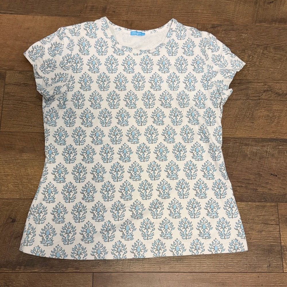 J. McLaughlin Block Print Floral Tee White‎ Blue Le